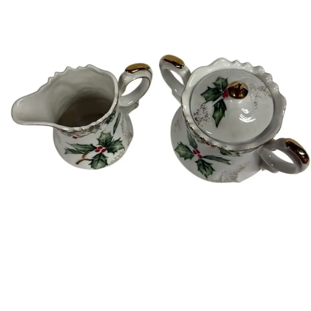 Vintage‎ Lefton China Christmas Holly Hand Painted Creamer & Sugar Set NE1965